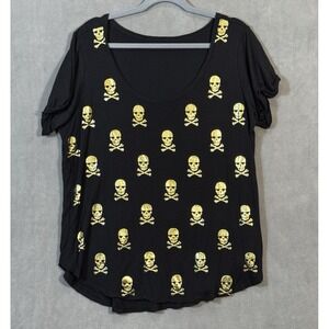Betsey Johnson Black T Shirt Top Scoop Neck Gold Crossbones Skull Goth Whimsical